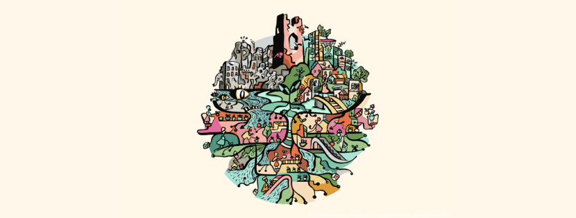 Colourful abstract illustration of a circular landscape with buildings, nature, people, and rivers, symbolising interconnected communities, growth, and regenera